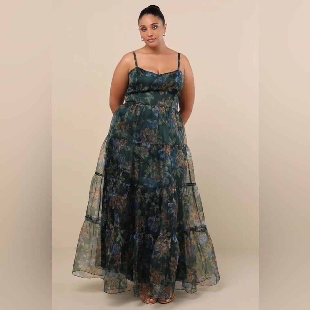 KATIENYC NWT Lulus Exclusive Glamour Green Floral Organza Tiered Maxi Dress 2X